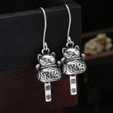 Fortunate Cat Dangle Earrings S925 Sterling Silver 26x12.5mm