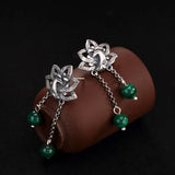 Real S990 Thai Silver Vintage Peacock Earrings Natural Malachite Balls Hollow