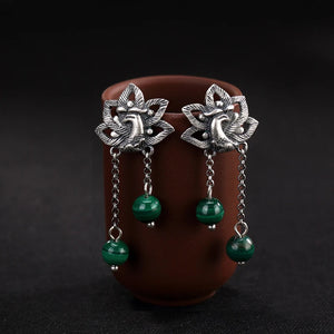 Real S990 Thai Silver Vintage Peacock Earrings Natural Malachite Balls Hollow