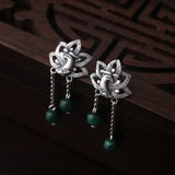 Real S990 Thai Silver Vintage Peacock Earrings Natural Malachite Balls Hollow