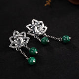 Real S990 Thai Silver Vintage Peacock Earrings Natural Malachite Balls Hollow