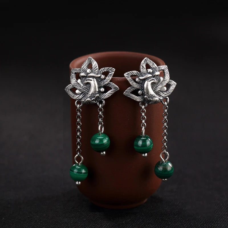 Real S990 Thai Silver Vintage Peacock Earrings Natural Malachite Balls Hollow