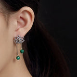 Real S990 Thai Silver Vintage Peacock Earrings Natural Malachite Balls Hollow