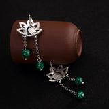 Real S990 Thai Silver Vintage Peacock Earrings Natural Malachite Balls Hollow