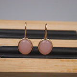 Pink Chalcedony Round Gemstone Dangle Earrings 925 Silver 18K Plated Hook