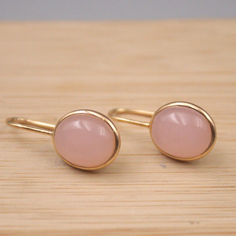 Pink Chalcedony Round Gemstone Dangle Earrings 925 Silver 18K Plated Hook
