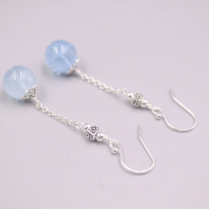 Real Silver 925 Drop Earrings Aquamarine Amazonite Ball Hook