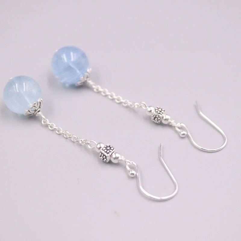 Real Silver 925 Drop Earrings Aquamarine Amazonite Ball Hook