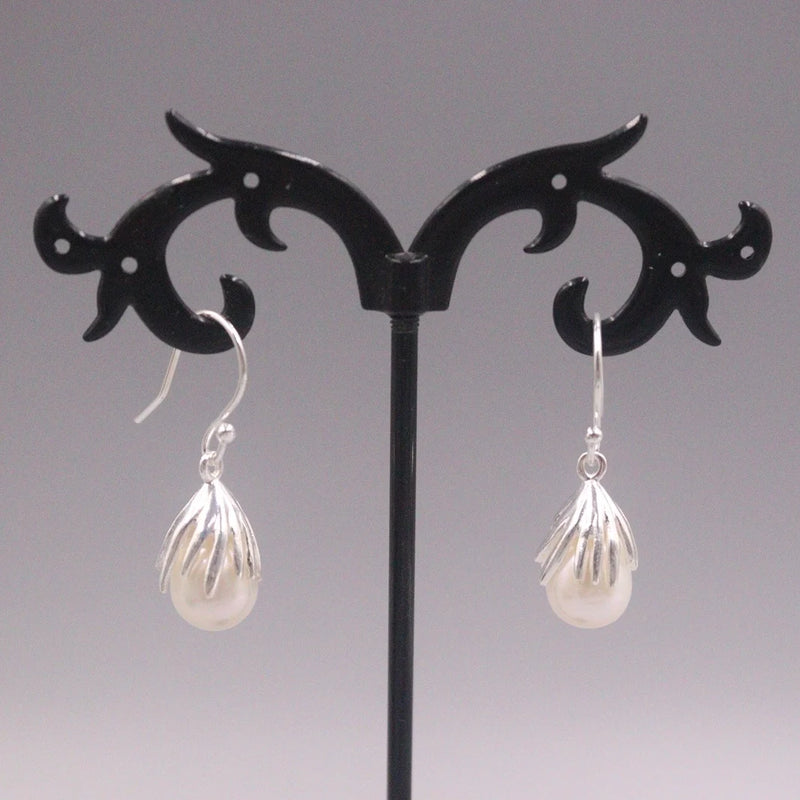 Silver 925 Drop Earrings with Natural Pearl Ball Hook Gift