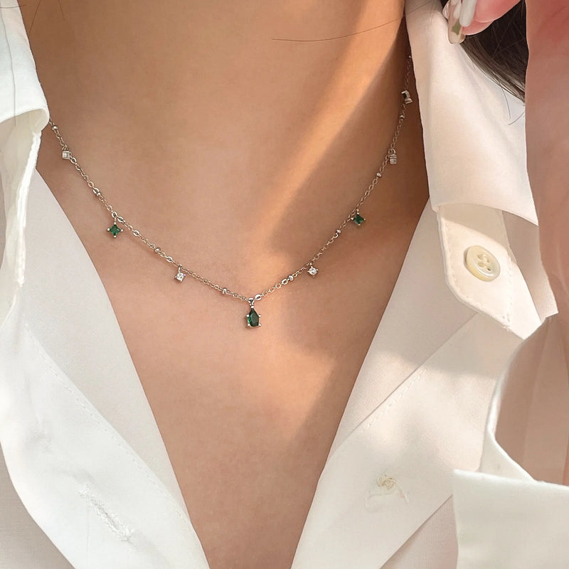 925 Silver Necklace Square/Water Drop Chain Double-layer Band Jewelry
