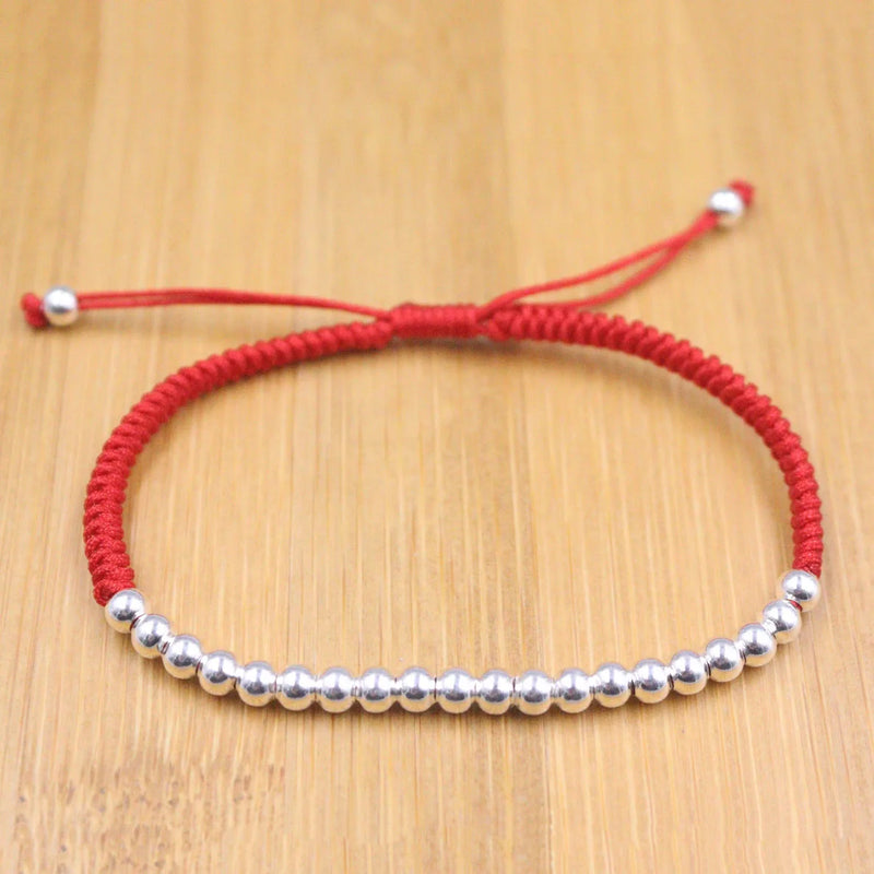 Real Silver Bracelet Red Rope Weave DIY 4mm Bead Knitted Luck Bracelet