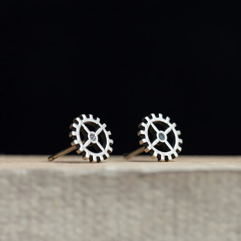 Silver Steam Rock Gear Stud Earrings