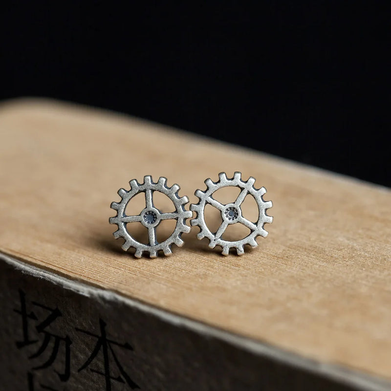 Silver Steam Rock Gear Stud Earrings