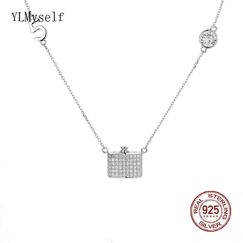 925 Silver Pendant Choker Bling CZ Lock Fine Jewelry
