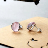 Sterling Silver Rose Quartz Stud Earrings Vintage Jewelry