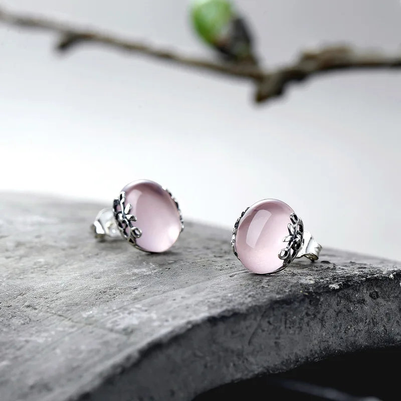 Sterling Silver Rose Quartz Stud Earrings Vintage Jewelry