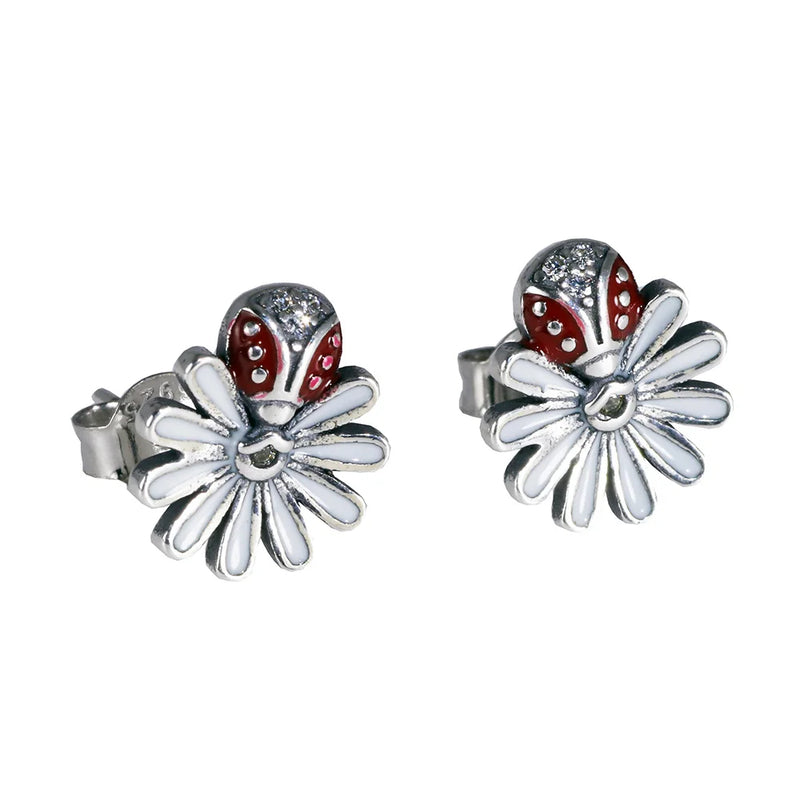 Sterling Silver 925 Daisy & Insects Earrings For Women Ladies