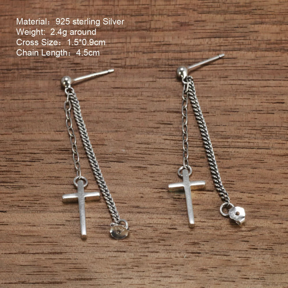 Sterling Silver S925 Jesus Cross Earrings Chain Religious Jewelry