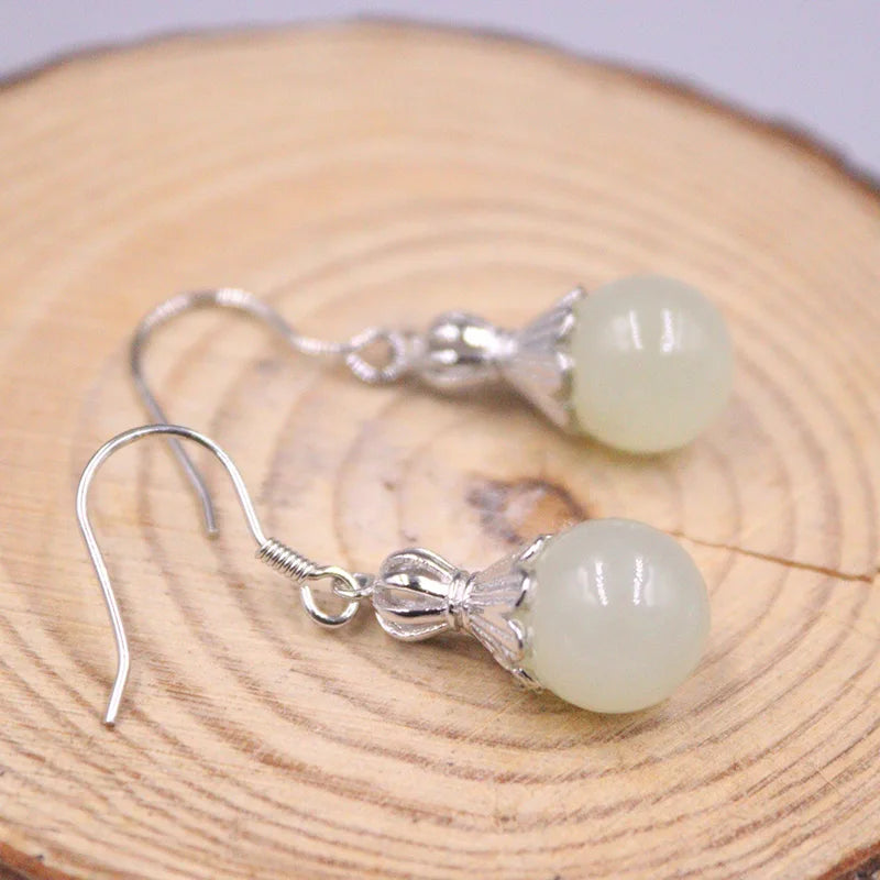 Vintage Silver 925 Earrings Dangle Natural Hetian Jade Gemstone National Style