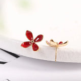 S925 Silver Gold-Plated Burgundy Flower Earrings