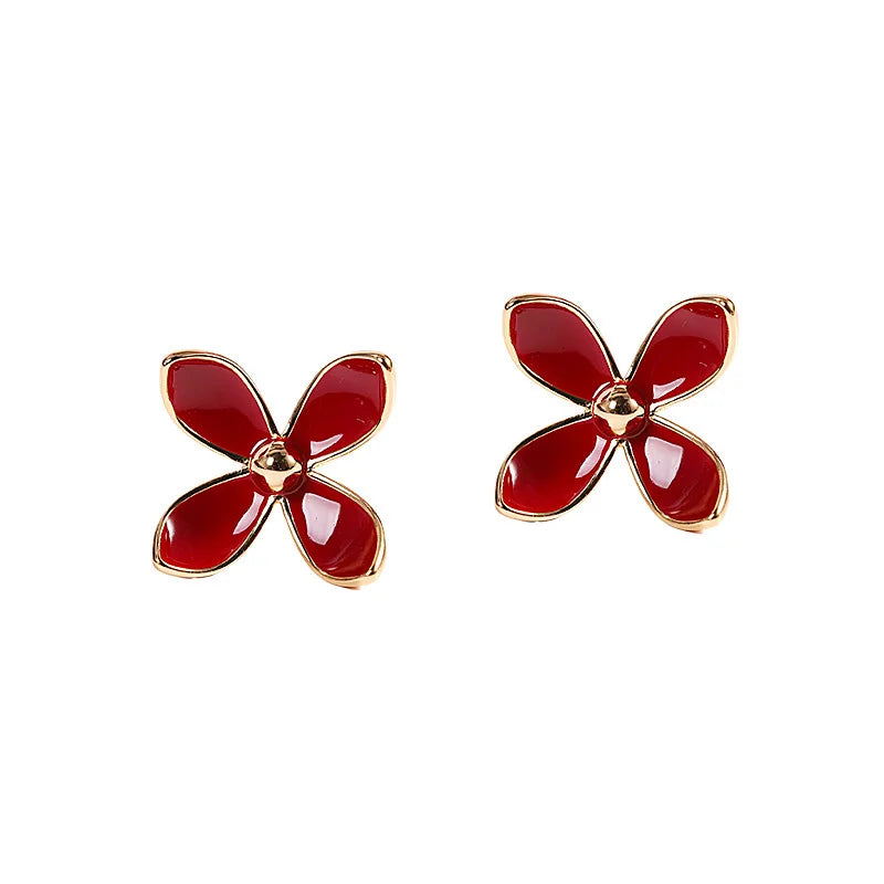 S925 Silver Gold-Plated Burgundy Flower Earrings