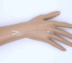 925 Sterling Silver V Charm CZ Chain Slave Bracelet with Rings