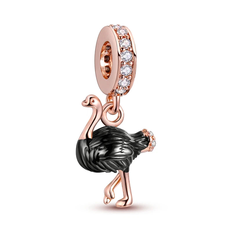 African Ostrich Rose Silver Dangle Charm for DIY Jewelry Making