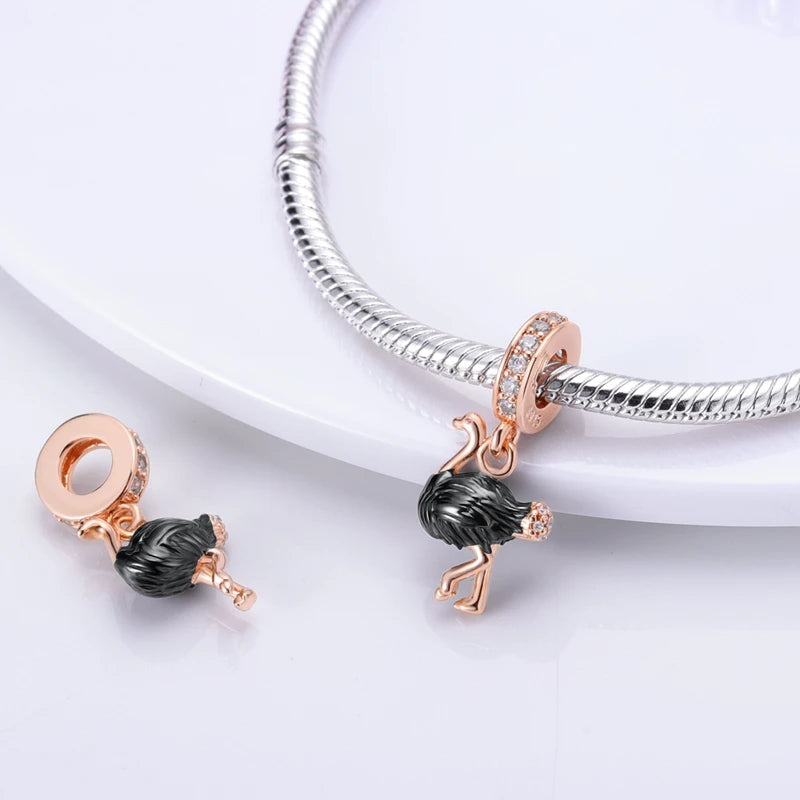 African Ostrich Rose Silver Dangle Charm for DIY Jewelry Making