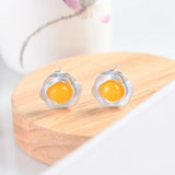 S925 Silver Earrings Yellow Chalcedony Flower Inlay