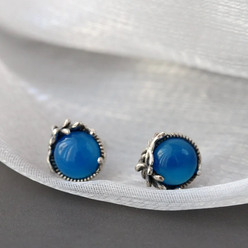 925 Silver Chalcedony Earrings Retro Distressed Style