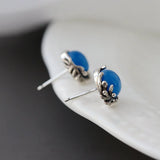 925 Silver Chalcedony Earrings Retro Distressed Style