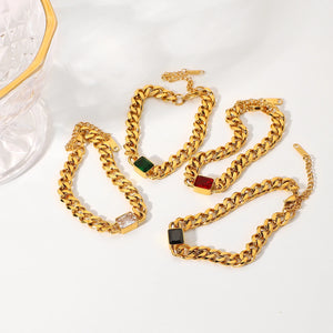 Colorful Zircon Curb Chain Bracelet 18k Plated Stainless Steel Jewelry