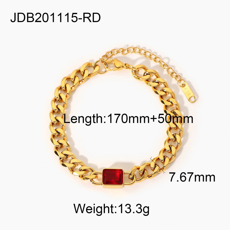 Colorful Zircon Curb Chain Bracelet 18k Plated Stainless Steel Jewelry
