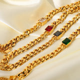 Colorful Zircon Curb Chain Bracelet 18k Plated Stainless Steel Jewelry