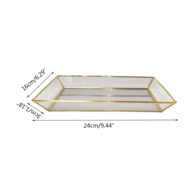Rectangle Mirror Jewelry Organizer Tray Glass Metal Makeup
