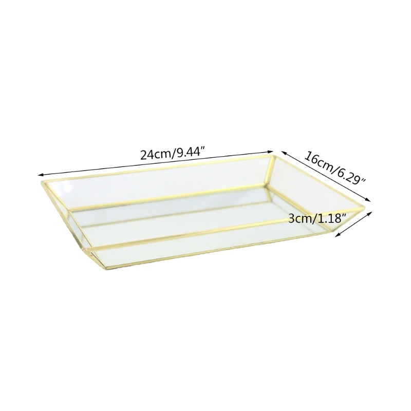 Rectangle Mirror Organizer Jewelry Tray Glass Metal Makeup Tray for Bathroom