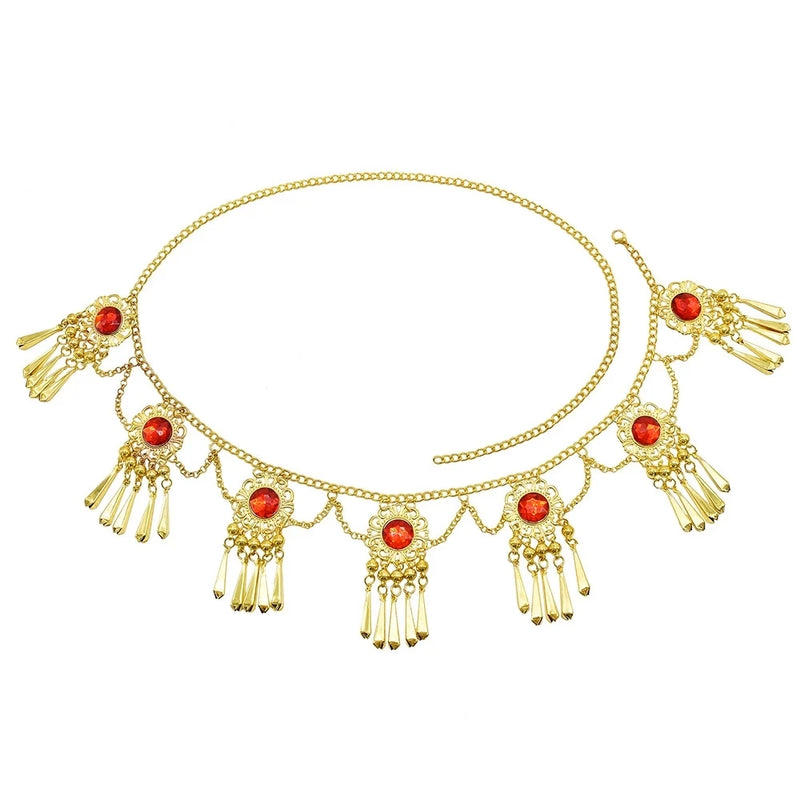 Red Acrylic Crystal Flower Waist Chain for Women Boho Vintage Tassel Belt