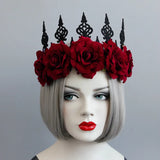 Red Flower Crown Tiara Hair Jewelry For Women Gothic Wedding