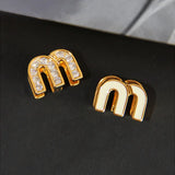 Red Letter M Stud Earrings for Women Copper Dripping Enamel Small Studs
