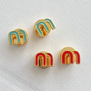 Red Letter M Stud Earrings for Women Copper Dripping Enamel Small Studs