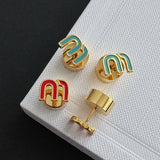 Red Letter M Stud Earrings for Women Copper Dripping Enamel Small Studs