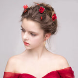 Red Bridal Wedding Hair Accessories Flower Crystal Chinese Style Tiaras Headband