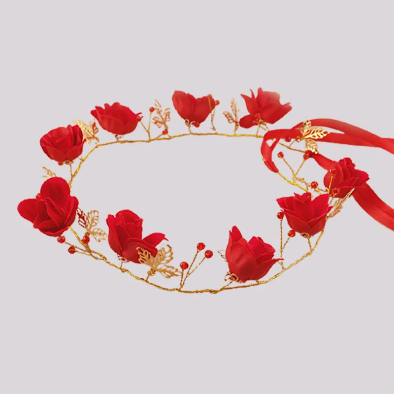 Red Bridal Wedding Hair Accessories Flower Crystal Chinese Style Tiaras Headband