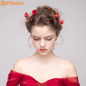 Red Bridal Wedding Hair Accessories Flower Crystal Chinese Style Tiaras Headband