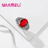 Red Charm 925 Silver Needle Rings Crystal Rhinestone Jewelry