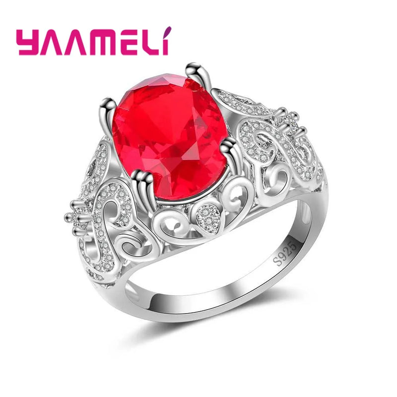 Red Charm 925 Silver Needle Rings Crystal Rhinestone Jewelry
