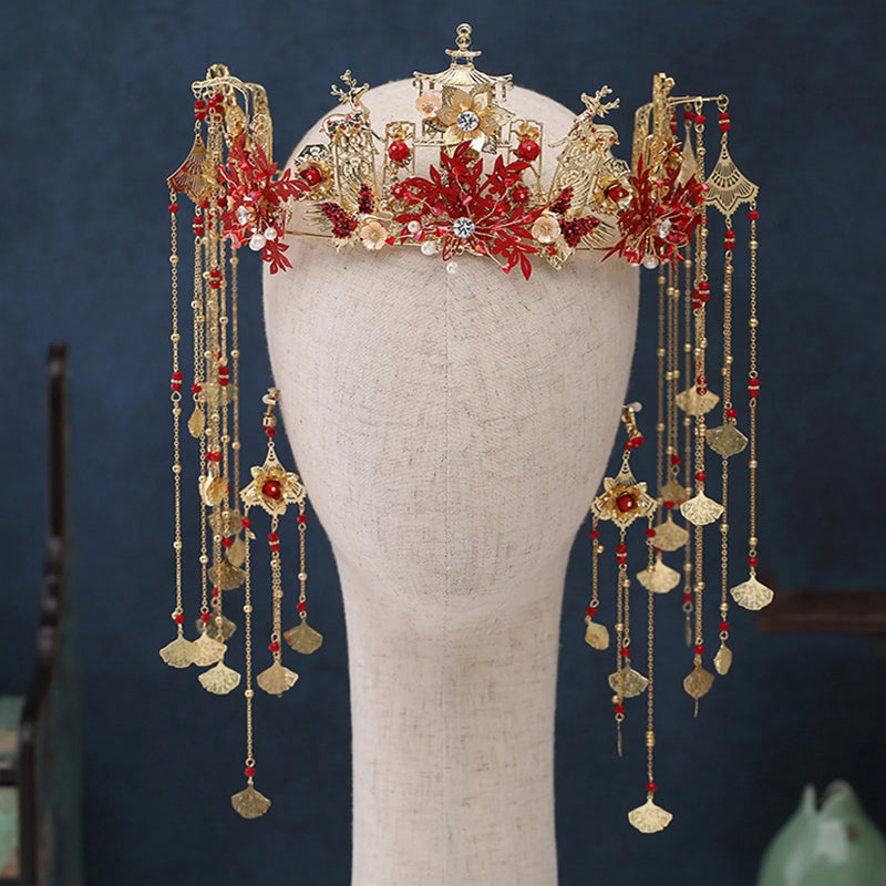 Red Chinese Bridal Jewelry Set Long Chains Hanfu Tiara Crown Earrings