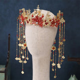 Red Chinese Bridal Jewelry Set Long Chains Hanfu Tiara Crown Earrings
