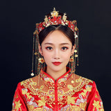 Red Chinese Bridal Jewelry Set Long Chains Hanfu Tiara Crown Earrings