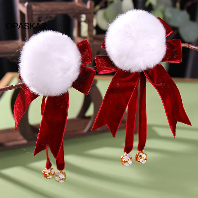 Red Chinese Hairpins Girls Bowknot Plush Hair Clips Vintage Barrettes